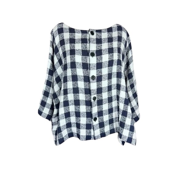 Eskandar Lagenlook Linen Blend Boxy Blouse Size 0 Navy Blue Checkers Buttoned